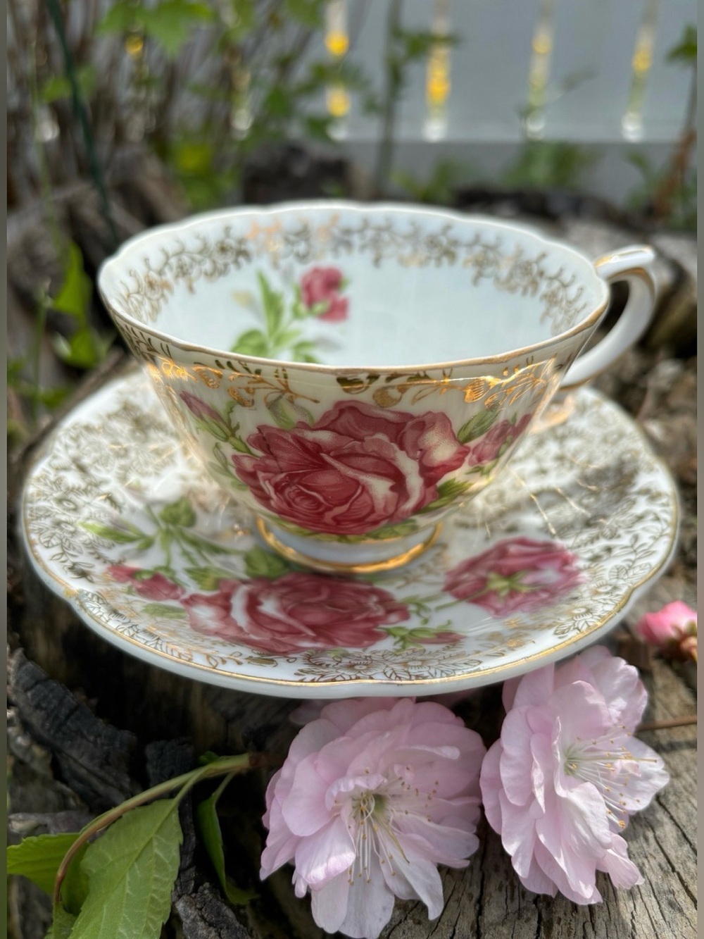 Vintage Made in Japan Pink Cabbage Rose & Gold Filigree Teacup and Saucer Set